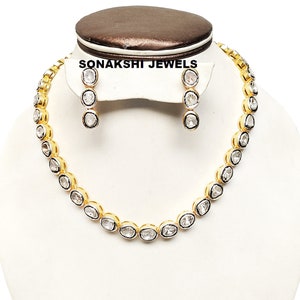 Uncut Diamond Polki Gemstone Necklace Set 925 Sterling Silver Handmade Design Silver Polki Necklace Set Women Wedding Gift For Her On Sell