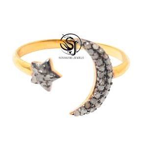 Diamond Moon and Star Ring: Sterling Silver Celestial Jewelry