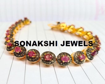 Handmade Ruby and Diamond Bracelet: 925 Sterling Silver Tennis Bracelet