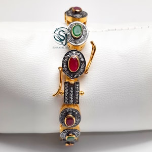 Emerald And Ruby Gemstone Silver Bracelet 925 Sterling Silver Handmade Design Pave Diamond Jewelry Bracelet Women&#39;s Anniversary Gift For Her
