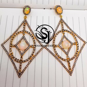 Ethiopian Round Cut Opal Gemstone Silver Dangle & Drop Earrings 925 Sterling Silver Handmade Design Diamond Jewelry Earring Gift For Her