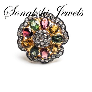 Multi Color Oval Tourmaline Ring With Rose Cut Pave Diamond Ring 925 Sterling Silver Victorian Jewelry Beautiful Floral Ring Gift For Her