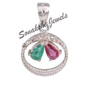 Handmade Design Emerald & Ruby 925 Sterling Silver Pave Diamond Pendant