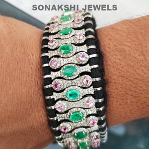 Oval Cut Emerald Gemstone Silver Bracelet 925 Sterling Silver Handmade Finish Item Pick Ruby And Pave Diamond Jewelry  Bracelet Gift For Her