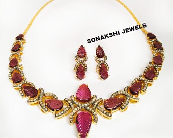 Tourmaline Diamond Necklace Earring Set: Handmade 925 Sterling Silver Jewelry