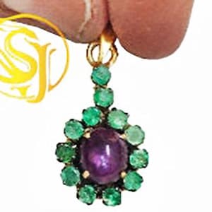 Handmade Star Ruby & Emerald Pendant: 925 Sterling Silver Gold Plated