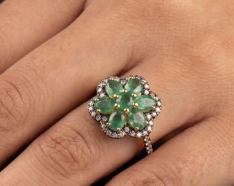 Handmade Emerald Diamond Ring: 925 Sterling Silver Victorian Jewelry Ring