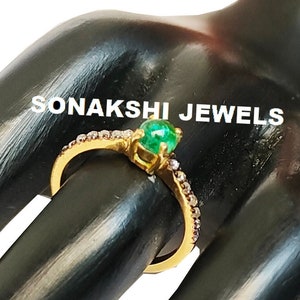 Emerald & Diamond Halo Ring: 925 Sterling Silver Gold Engagement Ring