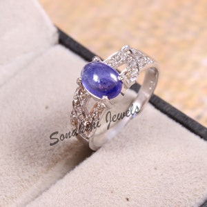 Beautiful Oval Cut Blue Sapphire Statement Rings Handamde Design Rose Cut Diamond Jewelry Silver Ring September Birthstone Ring Gift For Her