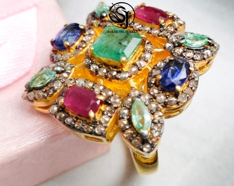 Anello multipietra in argento sterling placcato oro: anello con rubino, smeraldo e zaffiro