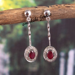 Ruby & Diamond Dangle Earrings: Handmade 925 Sterling Silver