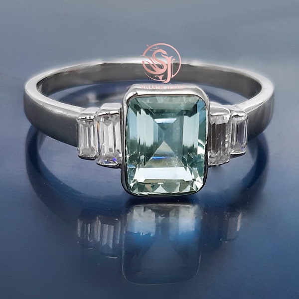 Genuine Aquamarine and Diamond Ring, Emerald Cut Aquamarine Engagement Ring, 14K/18k White Gold Aquamarine Diamond Ring Gift For Her Ring