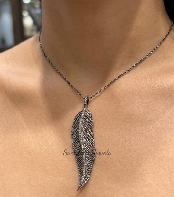 Handmade Design Leaf Style Natural Diamond Pendant Necklace, 925 Sterling Silver Anniversary Gift.