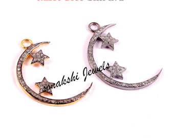 Handmade Design Pave Diamond Crescent Moon Star Pendant: 925 Sterling Silver Pendant.