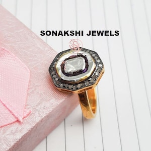 Polki Diamond Ring, Slice Polki Ring, Pave Band Ring, Victorian Style Polki Band Ring, 925 Sterling Silver, Gift Jewelry, Free Shipping