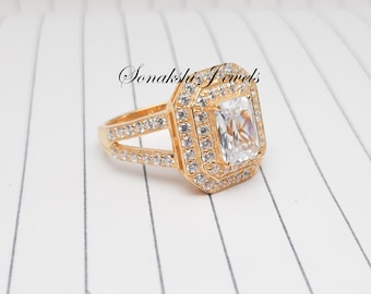 Halo Cubic Zirkonia Ring: 18k Gold 925 Sterling Silber Braut Set