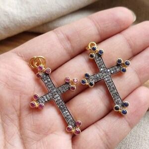 Ruby & Sapphire Silver Cross Pendant: Pave Diamond Sterling Silver
