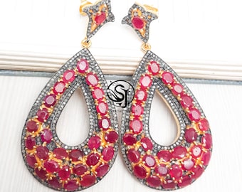 Victorian Ruby Diamond Earrings: Gold Plated Sterling Silver Dangle Earrings