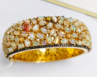 Natural Ethiopian Opal Bangle: 925 Silver, Diamond Accent