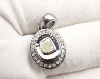 Pendentif Fleur En Argent Sterling 925 Avec Diamant Polki Et Pavé - Style Art Déco, Fait Main