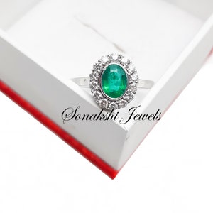 Emerald and Diamond Ring: 925 Sterling Silver Engagement Jewelry