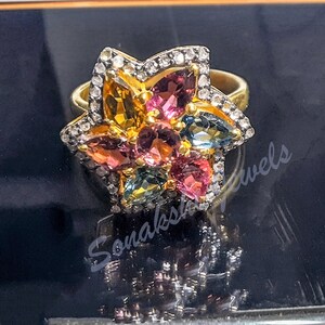 Natural Diamond Ring With 925 Silver Wedding Tourmaline Ring, Natural Multi Tourmaline Gemstone Vintage Ring, Color Stone Bridal Ring,