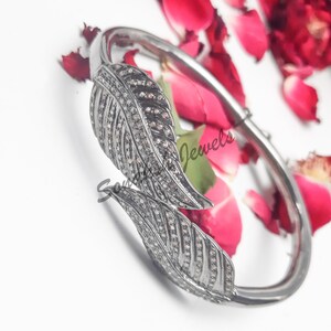 Rose Cut Pave Diamond Oval Bangle, Screw Bangle, Pave Diamond Full Cut Leaf Design Bangle,925 Sterling Silver Jewelry, Bangle, Boho Jewelry.