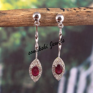 Handmade Ruby Earrings: Rose Cut Diamond Pave, Sterling Silver