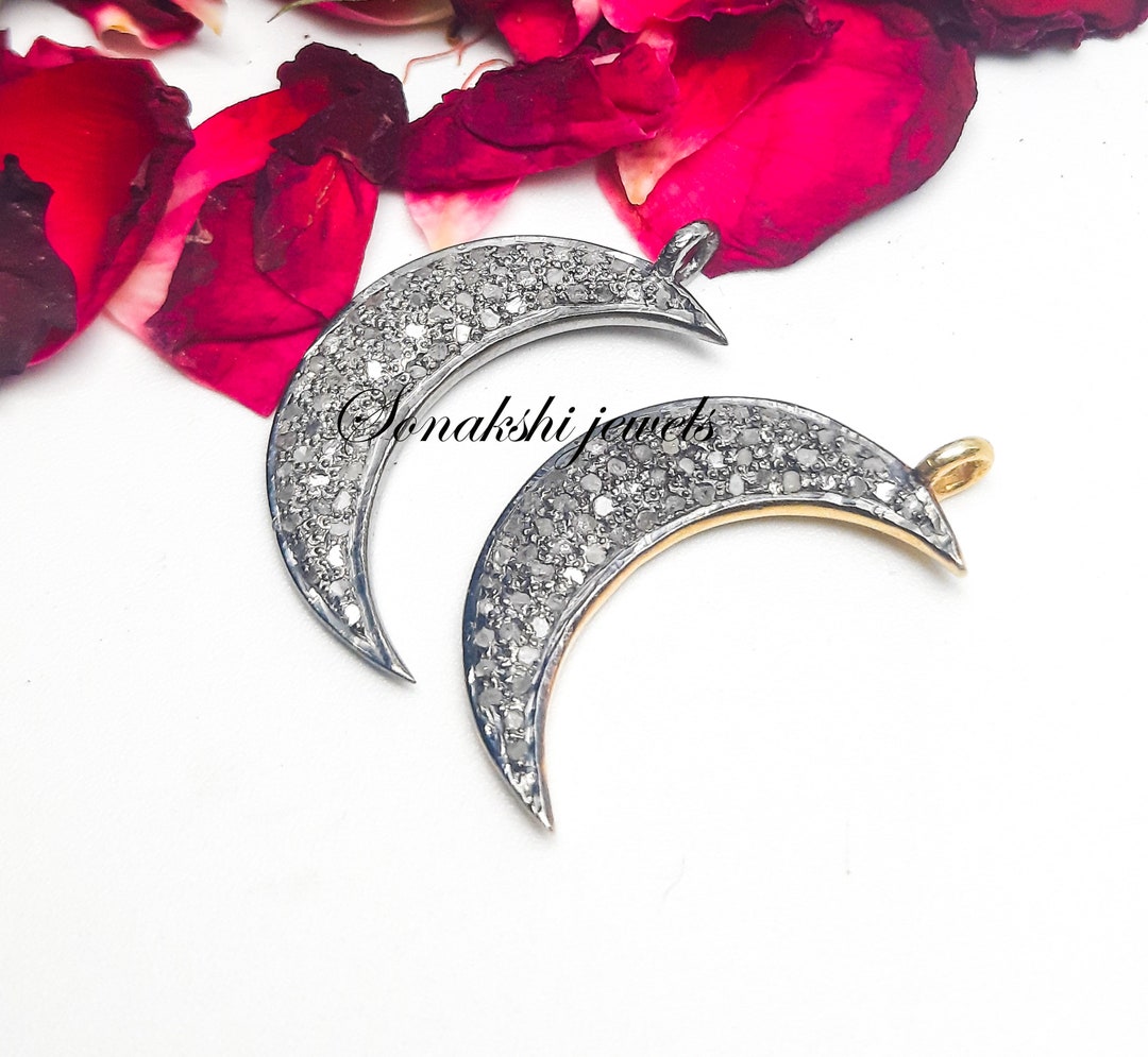Pave Diamond Crescent Moon Charm: 925 Sterling Silver Two-tone Pendant ...