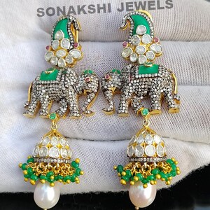Uncut Polki Diamond And Ruby Elephant Jhumka Earring Handmade Design Emerald And Pearl Earrings