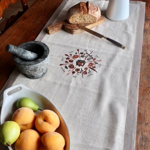 Può includere: Un runner da tavolo in lino bianco con un bordo marrone. Il runner presenta un design circolare di utensili da cucina e ingredienti in tonalità di rosso, marrone e nero. Un mortaio e un pestello, una ciotola di frutta e un pane sono sul tavolo.