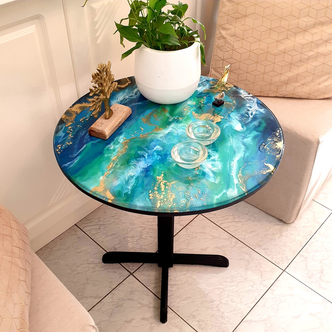 Round Coffee Table Vintage Side Table in Ocean Blue Color Etsy