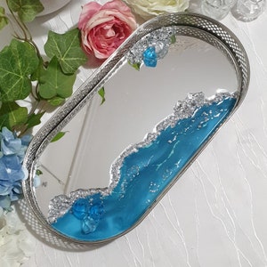 Silver Mirror Tray for Coffee Table in Ocean Blue Color Decorative with Crystals, Resin Jewelry Tray, Housewarming Gift, Valentine's Gift