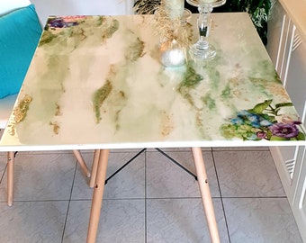 Resin Dining Table with a Wooden  Metal Base, Marble White and Green Color with Gold Details, Luxury Design with Flower, 3D Epoxy Art