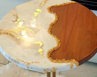 Round Coffee Table with Gold Metal Base, Marble White Resin on Wood with Gold Details, Living Room Table, Housewarming gift, Said Sofa Table