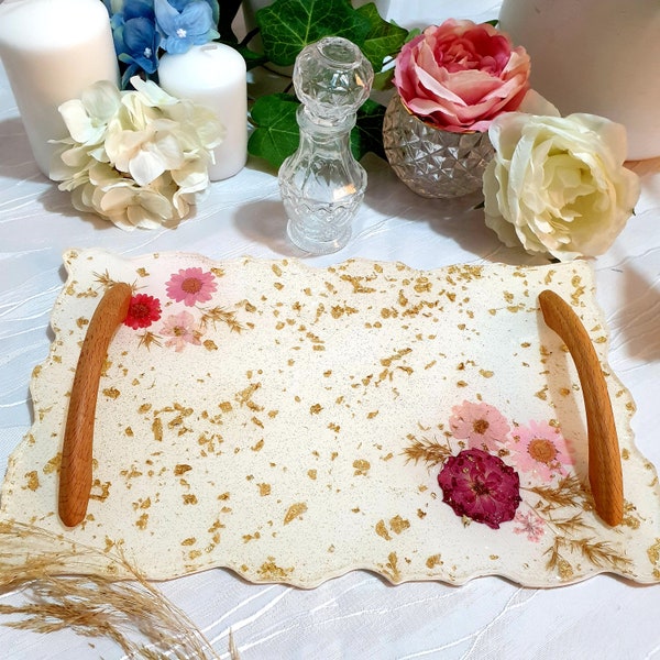Resin Dried Flower tray in Romantic Style, Wedding  gift Tray, Boho chic Decor, Coffee Table tray, Housewarming Gift, Jewelry Tray