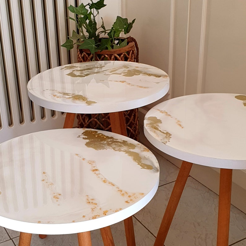 Round Coffee Tables Set of 3, Marble Resin Tables White With Gold
