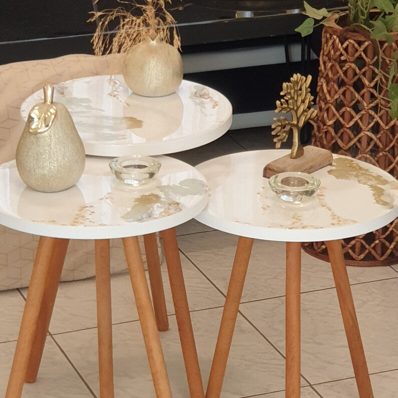Round Coffee Tables Set of 3, Marble Resin Tables White With Gold