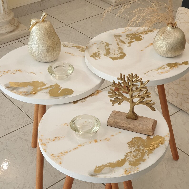 Round Coffee Tables Set of 3, Marble Resin Tables White With Gold