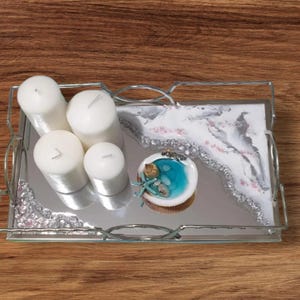 White Marble Resin Tray with Crystals: Silver Mirror Coffee Table Decor