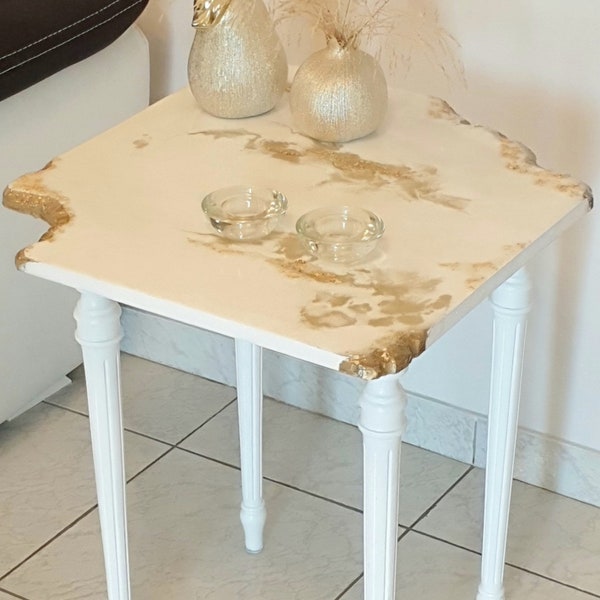 Marble Coffee Table with Antique Wooden  Base, Vintage Side Table in White Color with Golden details, Wooden Epoxy Table, Housewarming Gift