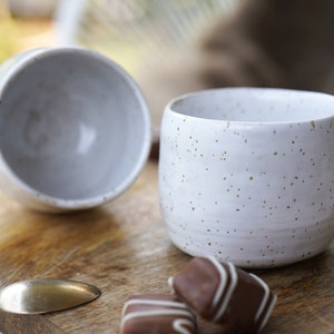 Hand-made ceramic espresso cup, coffee mug in very beautiful white with small brown dots, diameter 7 cm, height 8 cm