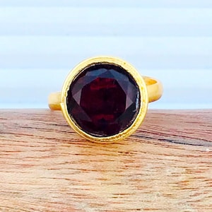 Faceted Garnet Quartz Ring: Adjustable Gold Plated Brass Statement Ring