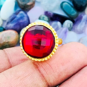 Faceted Garnet Quartz Ring: Adjustable Gold Plated Brass Statement Ring