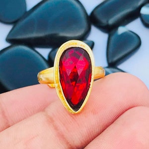 Faceted Garnet Quartz Ring: Adjustable Gold Plated Brass Statement Ring