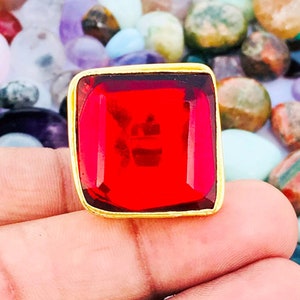 Faceted Garnet Quartz Ring: Adjustable 18K Gold Plated Brass