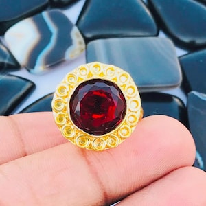 Faceted Garnet Quartz Ring: Adjustable 18K Gold Plated Brass