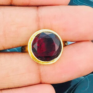 Gold Plated Brass Ring: Adjustable Faceted Garnet Quartz