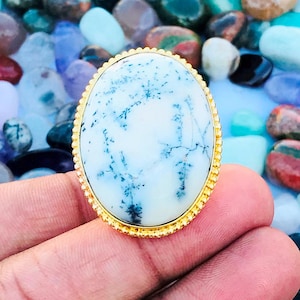 Statement Gold Plated Ring - Adjustable Ring Natural Dendritic Agate 18K Gold Ring - Dendritic Agate Polished Adjustable Ring