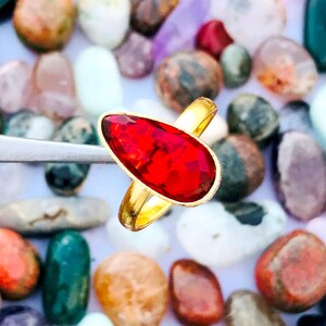 Faceted Garnet Quartz Ring: Adjustable Gold Plated Brass, Pear Shape
